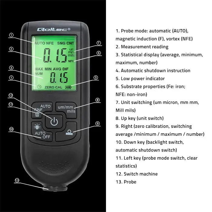 Qoltec Coating thickness gauge with LCD | 0 ~ 2000um