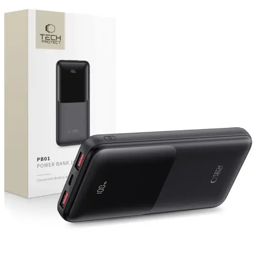 Tech-Protect PB01 ārējais akumulators (powerbank) | 10000 mAh | 22.5W | USB-A, USB-C | LED ekrāns | melns