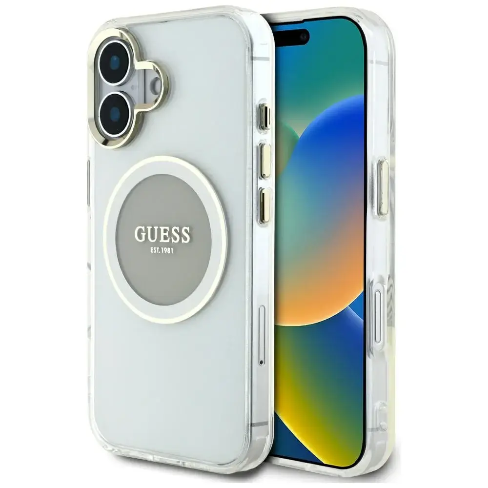 Guess IML metāla krāsains aplis klasiskais logo MagSafe telefona maciņš iPhone 16 pelēks