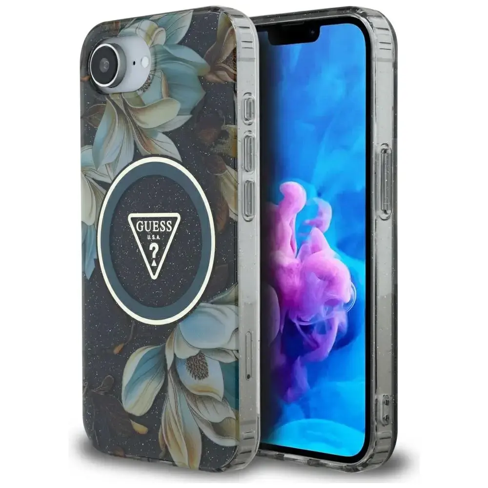Guess IML Metāla Ziedu Trijstūra MagSafe telefona maciņš iPhone 16e melnā