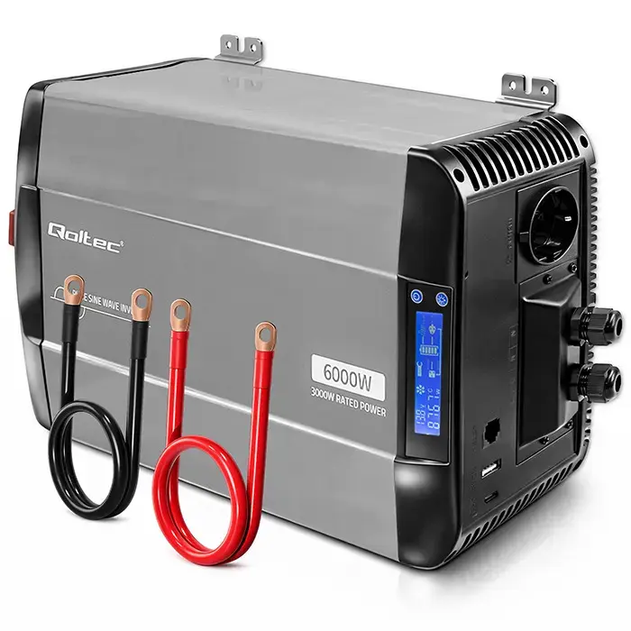 Qoltec Pure Sine Wave Inverter | 12V to 230V | 3000/6000W | LCD | USB | USC-C | Compatible with LiFePO4 GEL AGM
