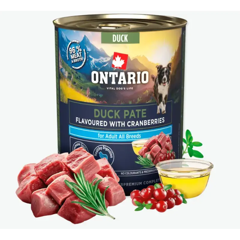 Konservi suņiem – Ontario Adult Duck Pate Flavoured with Cranberries, 800 g