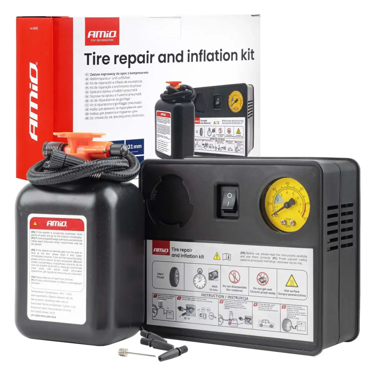 Tire repair and inflation kit 31mm cylinder ciameter 12V AMIO-04930