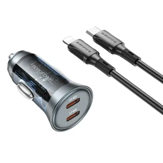 Borofone Discovery BZ26B car charger | 45W | PD, QC | USB-C, Lightning | with Type-C to Lightning cable included | transparent-blue
