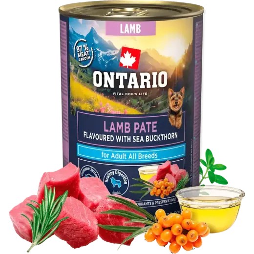 Konservi suņiem - Ontario Adult Lamb Pate with Sea Buckthorn Flavor 400g