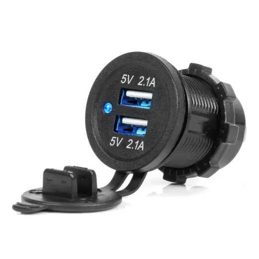 Waterproof Phone Charger with BLUE LED Indicator 4.2A 2xUSB 12/24V AMIO-04217