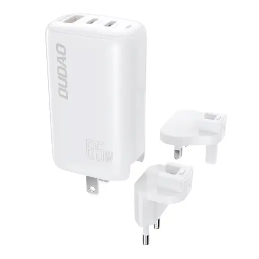 Dudao three-port GaN 3in1 charger (EU, US, UK) 2 x Type C (PD) + USB (QC) 65W white (A7PRO)