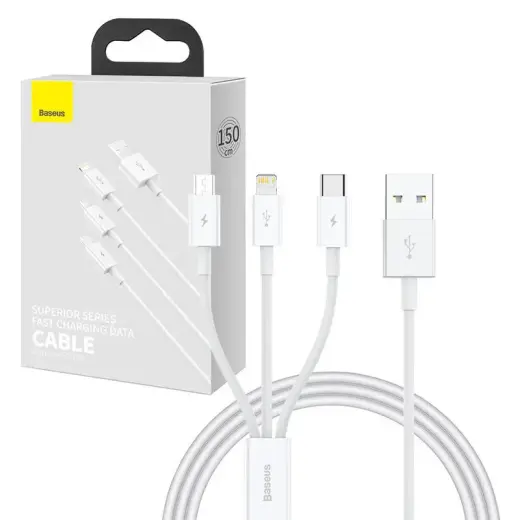 Baseus Superior Data 3-in-1 data transfer and charging cable | USB-A to Micro USB, Lightning, USB-C | QC | 17.5W | 1m | white