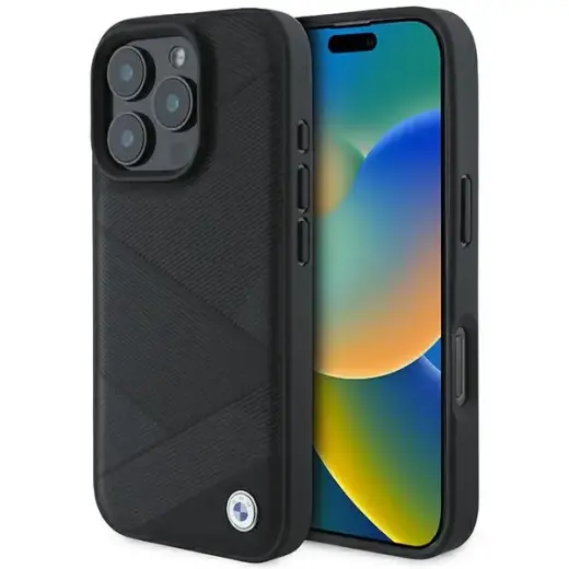 BMW BMHCP16L23RCGPK iPhone 16 Pro 6.3" czarny|black hardcase Sign Leather Crossing Lines Pattern