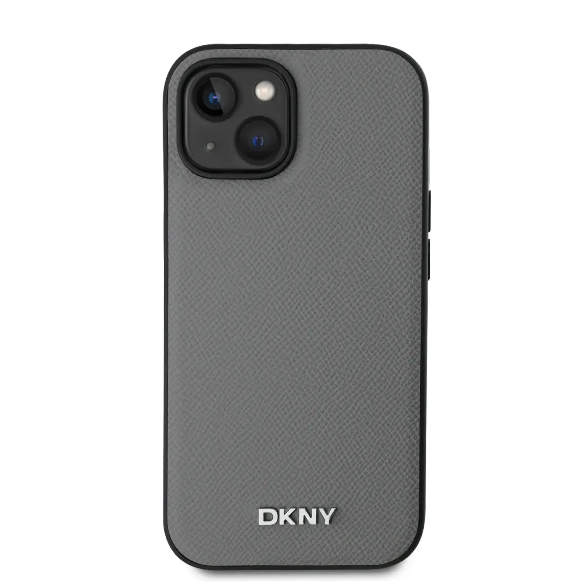 DKNY PU Leather Silver Metal Logo Magsafe Case for iPhone 15 Grey