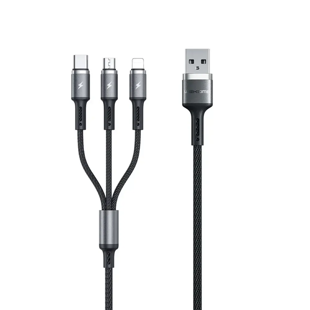 WK Design Gaming Series 3-in-1 cable with USB terminals - USB Type C | Lightning | micro USB 1.2m 3A black (WDC-150)