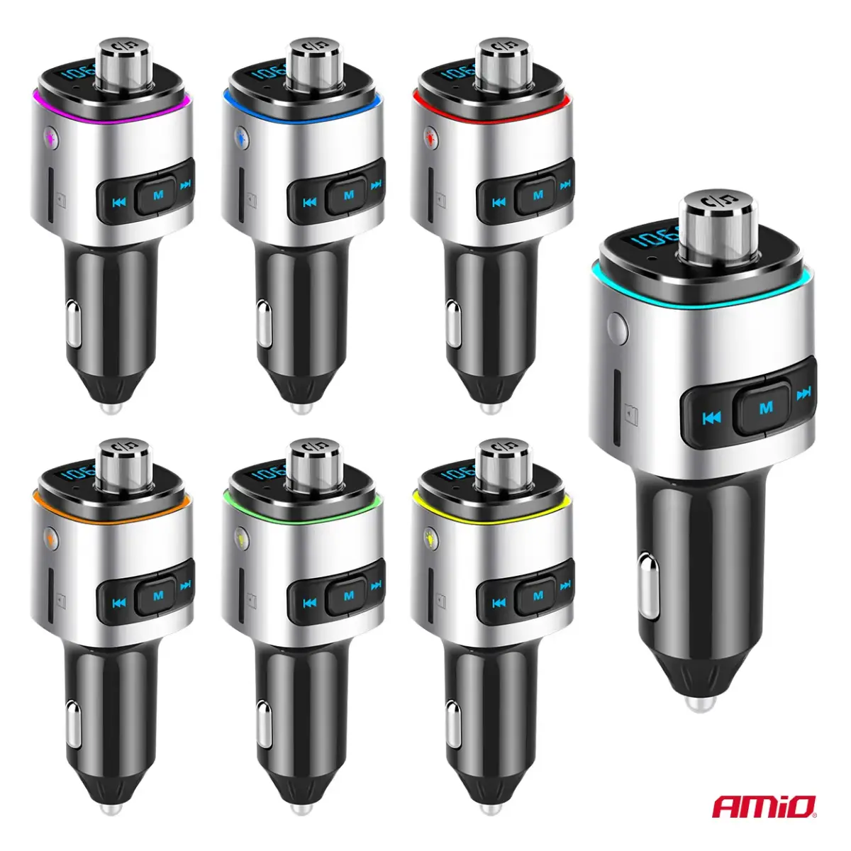 Car FM Transmitter 2×USB-A microSD 12V 24V AMIO-04654