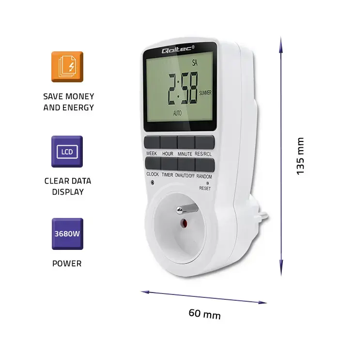 Qoltec Electronic Timer PC0628 | 3680W | 16A | LCD