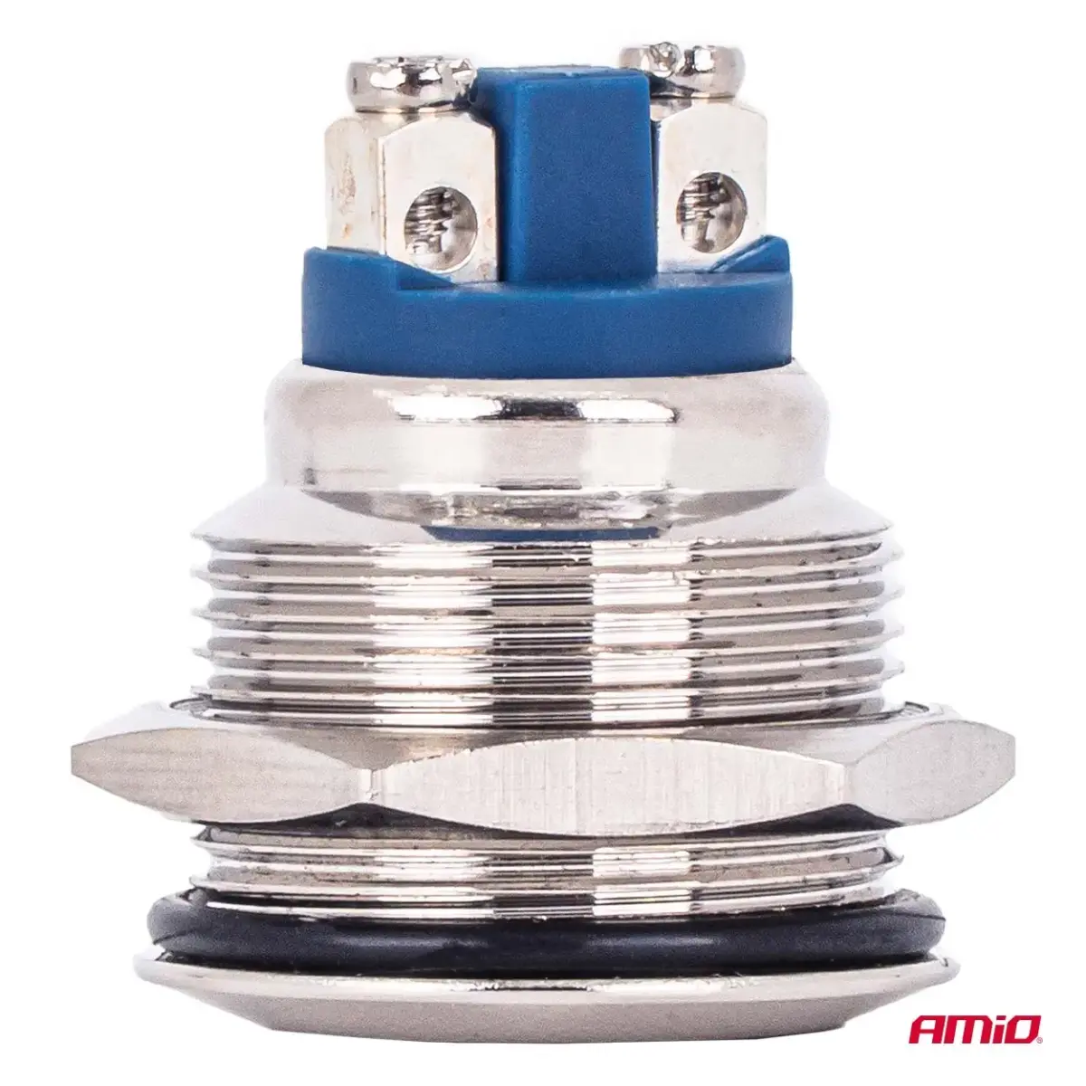 Flat round steel momentary button 19 mm, 5 A, 12/230 V, AMIO-04436