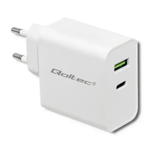 Qoltec Charger kelioninis įkroviklis | 45W | PD | USB-C, USB-A | baltas