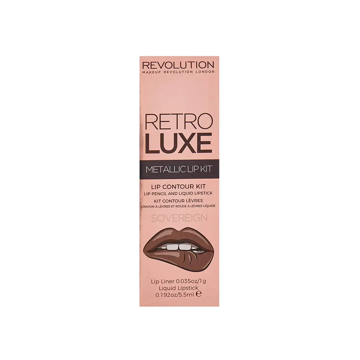 Set Makeup Revolution: Retro Luxe, Metallic, Liquid Lipstick, Sovereign, 5.5 ml + Retro Luxe, Lip Liner, Sovereign, 1 g