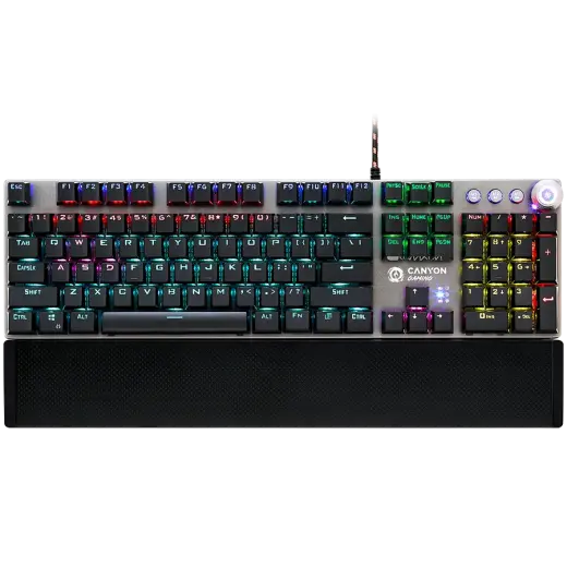 CANYON Nightfall GK-7, Wired Gaming Keyboard,Black 104 mechanical switches,60 million times key life, 22 types of lights,Removable magnetic wrist rest,4 Multifunctional control knob,Trigger actuation 1.5mm,1.6m Braided cable,US layout,dark grey, size:435*125*37.47mm