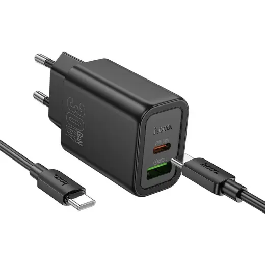 HOCO N63 tīkla lādētājs | 30W | PD, QC | USB-C, USB-A | ar USB-C uz USB-C vadu komplektā | melns