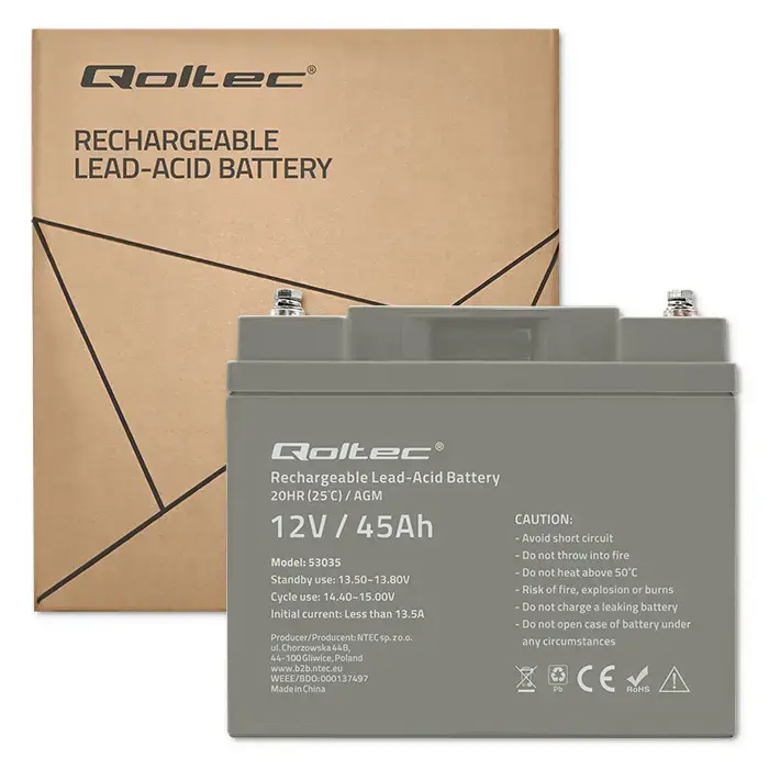 Qoltec AGM battery | 12V | 45Ah | Maintenance-free | Strong | LongLife | for UPS, RV, boat, heater