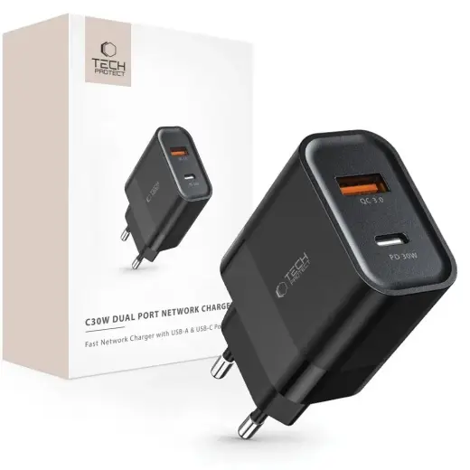 Tech-Protect C30W travel charger | 30W | PD, QC 3.0 | USB-C, USB-A | black
