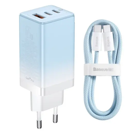 Baseus CCGP050103 travel charger | 65W | GaN | USB-C, USB-A | with USB-C to USB-C cable included | blue
