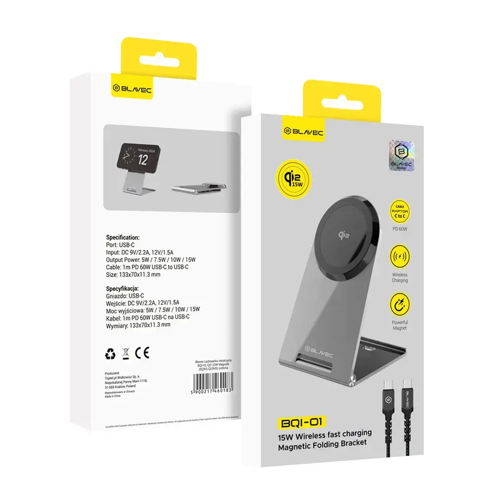 Blavec BQI-01 bezvadu lādētājs | Qi 2 | Saderīgs ar MagSafe | 15W | sudraba