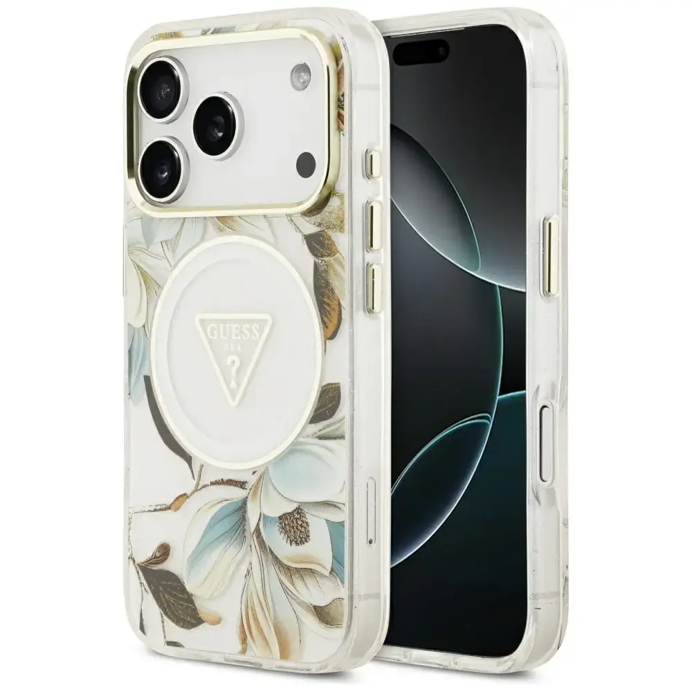 Guess IML Glitter Flowers Triangle MagSafe Case for iPhone 17 Pro Max White