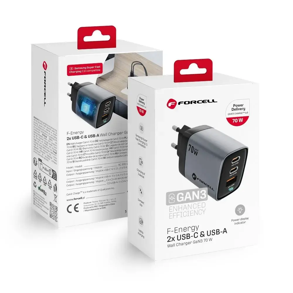 Forcell F-Energy VT-37 tīkla lādētājs | 70W | PD, QC, GaN | USB-C, USB-A | pelēks