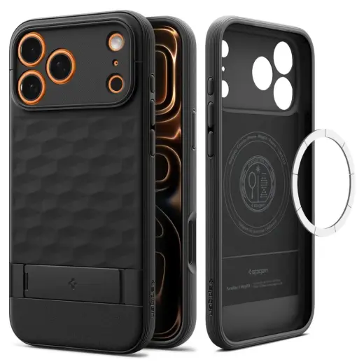 Spigen Parallax "S" phone case with stand and MagSafe support for Apple iPhone 17 Pro Max matte black