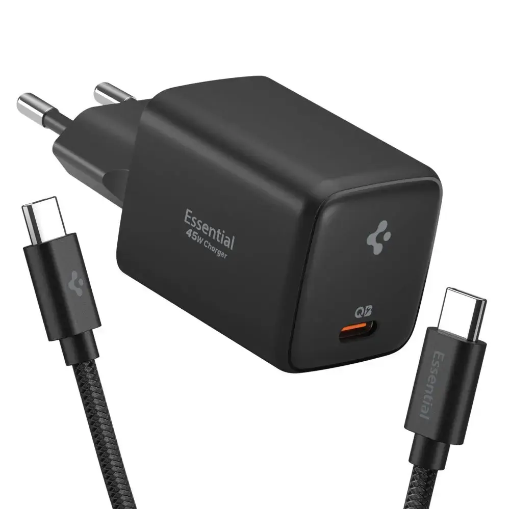 Spigen EE451EU Essential tīkla lādētājs | 45W | GaN | USB-C | ar USB-C uz USB-C vadu komplektā | melns