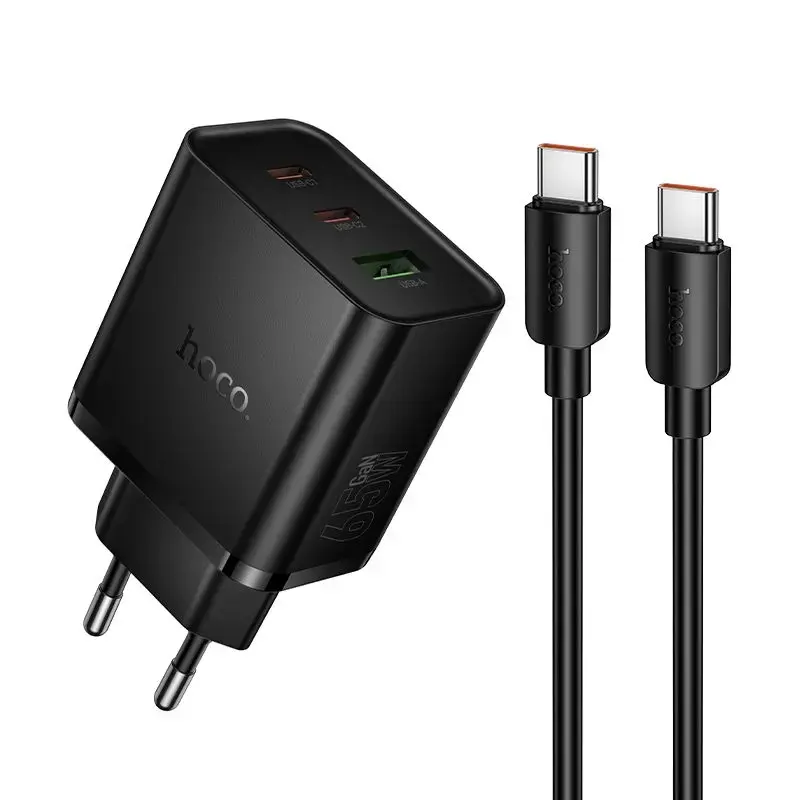HOCO N75 travel charger | 65W | PD, QC | USB-C, USB-A | with USB-C to USB-C cable included | black