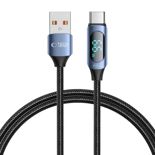 Tech-Protect UltraBoost datu pārraides un uzlādes vads | USB-A uz USB-C | 66W | ar LED ekrānu | 1m | zils