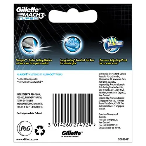 Gillette Mach3 Turbo Razor Blades for Men Blades Stronger Than Steel - Pack of 8