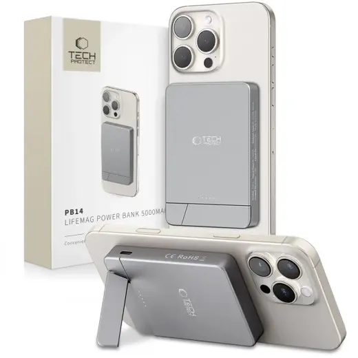 Tech-Protect PB14 LifeMag ārējais akumulators (powerbank) | 5000 mAh | 18W | USB-C, MagSafe | pelēks