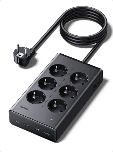 Extension cord 1.3m 6 sockets with USB charger (3x USB-A max 15W, 1x USB-C max 20W) black S622 UGREEN