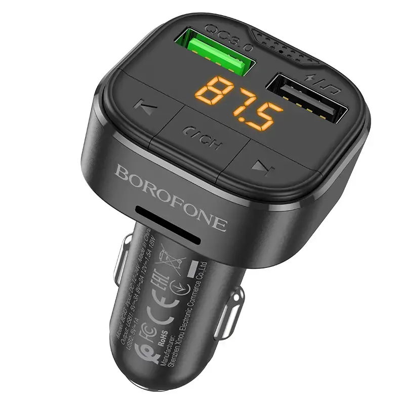 Borofone Transmitter FM BC43 Flash MP3, Bluetooth - 2xUSB + microSD - QC 3.0 18W black