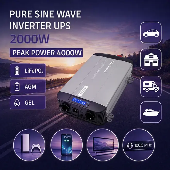 Qoltec Pure Sine Wave Inverter with UPS | 12V to 230V | 2000/4000W | LCD | USB | USB-C | Compatible with LiFePO4 GEL AGM