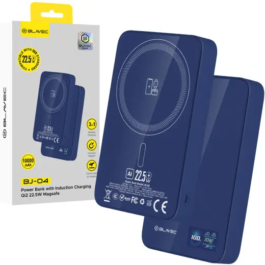Blavec BJ-04 Slim išorinė baterija (powerbank) | 10 000 mAh | 22.5W | USB-C, Wireless, MagSafe | mėlynas
