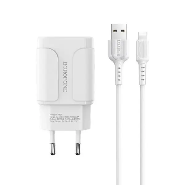 Borofone BA37A Universal Travel Charger 2XUSB | 5V | 2.4A + Lightning Cable 1M White