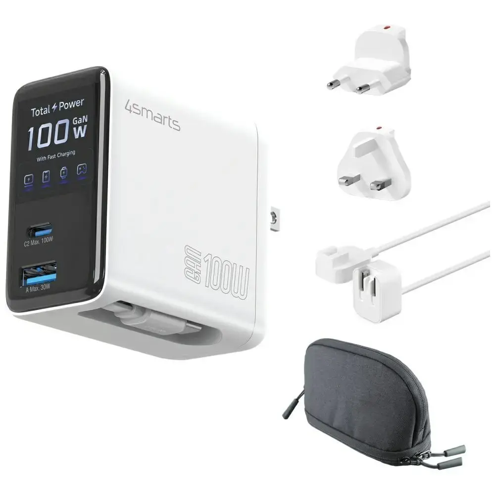 4smarts GaN Flex Screen AI tīkla lādētājs | 100W | GaN | USB-C, USB-A | balts