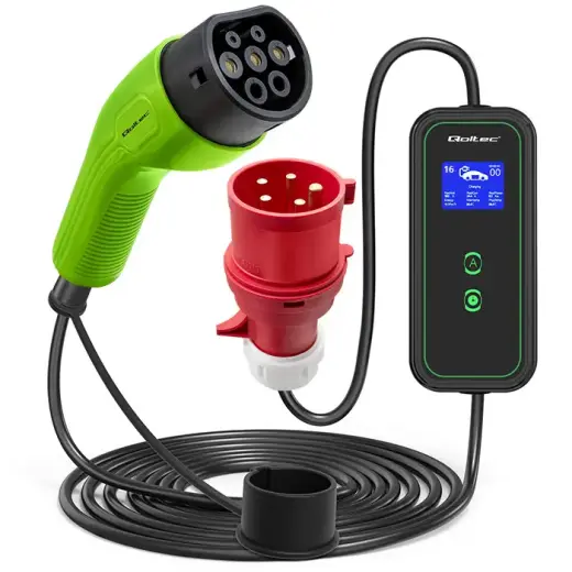 Qoltec Mobile EV charger with adjustable 2in1 Type2 | 11kW | CEE 32A | LCD | 3 phase | Portable | Wallbox | 5m