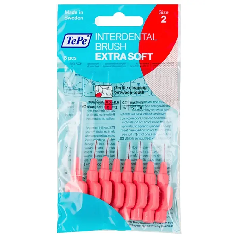 TePe Interdental Brush Extra Soft  Supersoft Dental Brush for Teeth Cleaning  Pack of 8  0.5 Mm  Extra-Small/Small Gaps  Red  Size 2