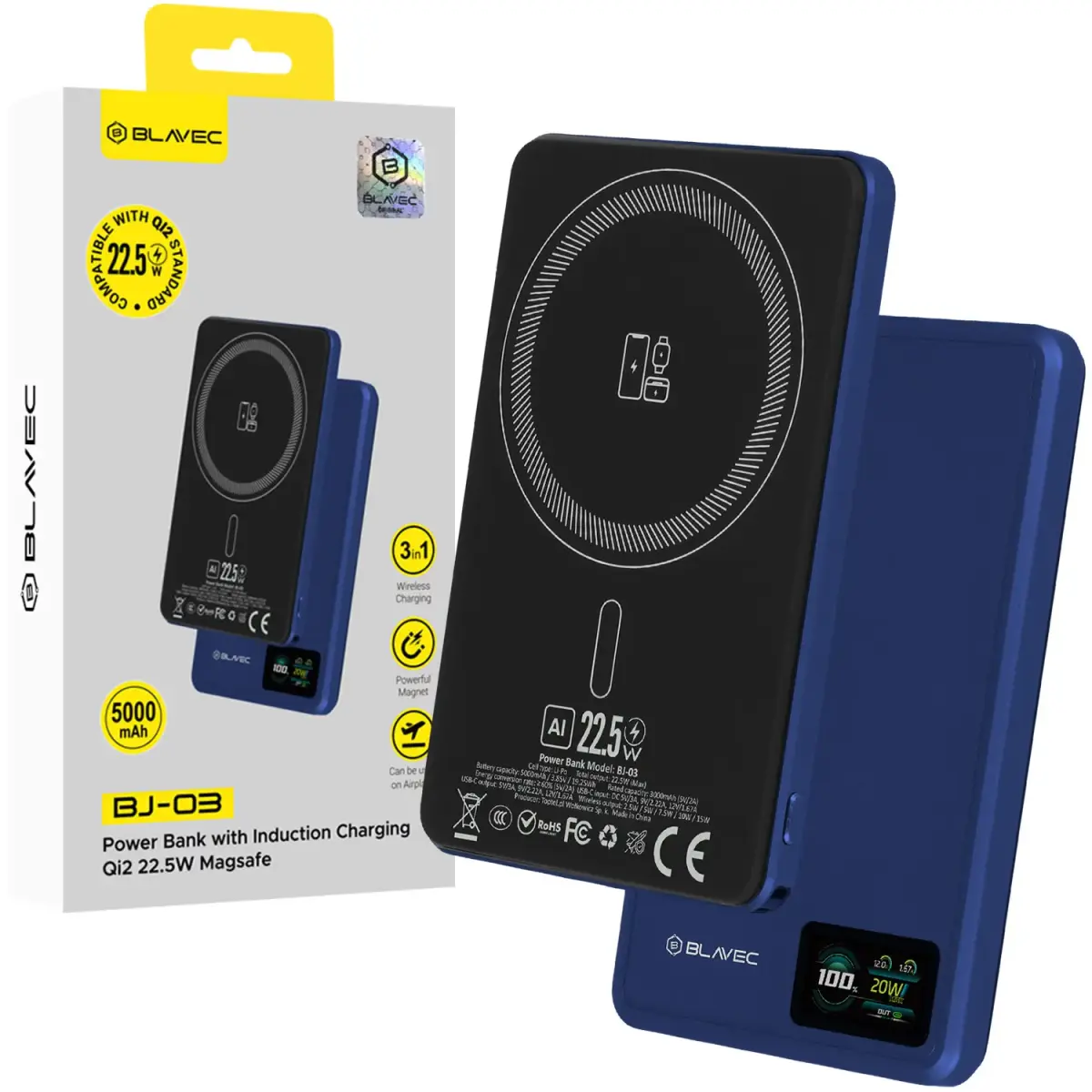 Blavec BJ-03 Ultra Slim 7,8mm (PBBJ03-MC5N) ārējais akumulators (powerbank) | 5 000 mAh | 22.5W | USB-C, MagSafe | zils