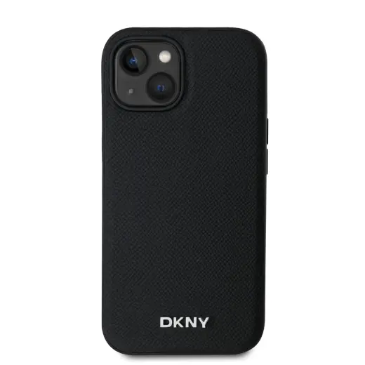 DKNY PU Leather Silver Metal Logo Magsafe Case for iPhone 13 Black