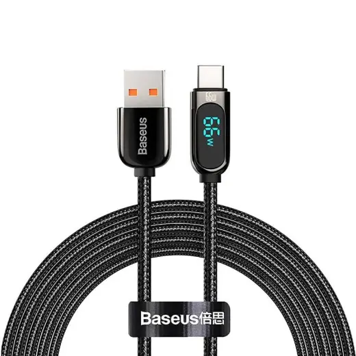 Baseus Display datu pārraides un uzlādes vads | USB-A uz USB-C | 66W | ar LED ekrānu | 2m | melns
