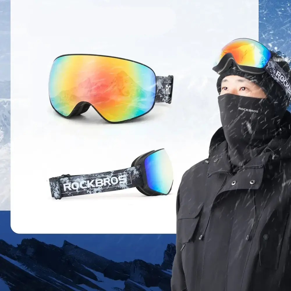 Rockbros SP284 Kids Ski Goggles Anti-Fog with UV Filter Gray Lens with Red Mirror - Black