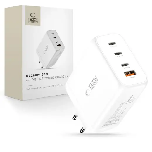Tech-Protect NC200W-GaN reisilaadija | 200W | PD, QC, GaN | USB-C, USB-A | valge