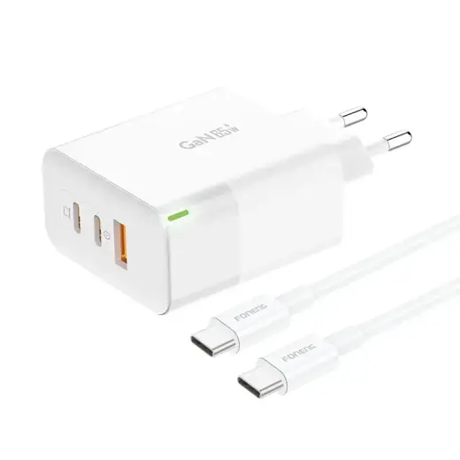 Foneng GAN65 зарядное устройство | 65W | GaN, PD | USB-A, USB-C | с проводом USB-C на USB-C в комплекте | белое