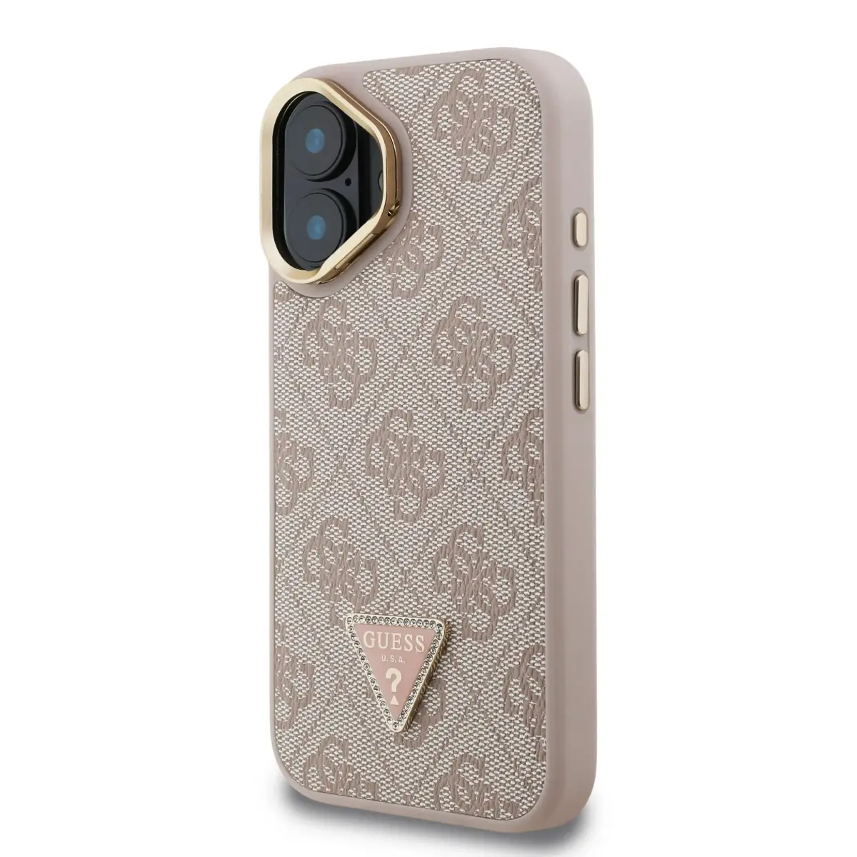 Guess PU 4G Strass Triangle Logo Stand Camera Frame MagSafe Case for iPhone 16 Pink
