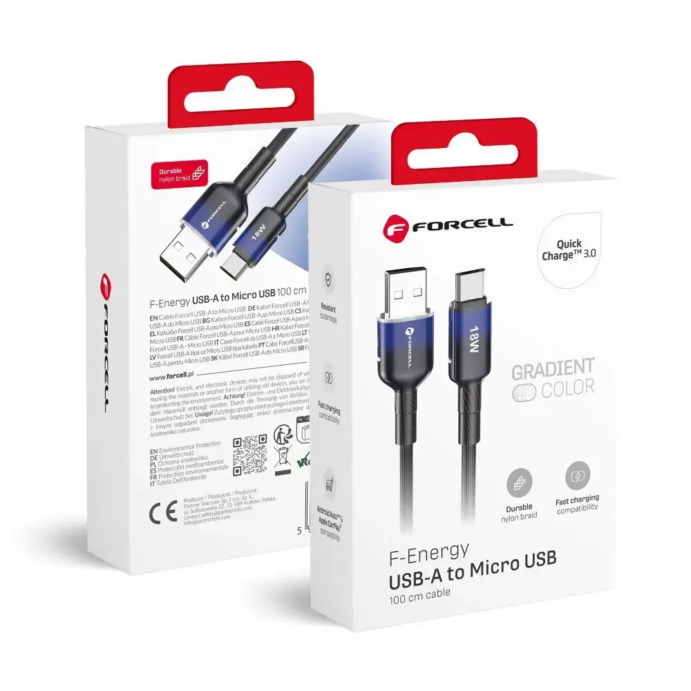 Forcell F-Energy C351 datu pārraides un uzlādes vads | USB-A uz Micro USB | QC 3.0 | 18W | 1m | melns